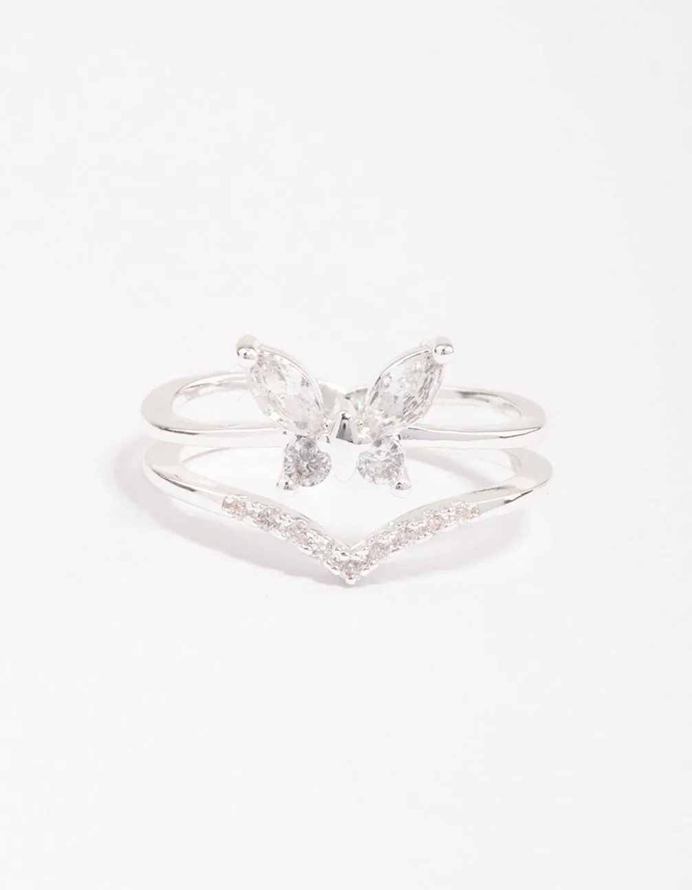 Silver Plated Cubic Zirconia Butterfly Double Band Ring