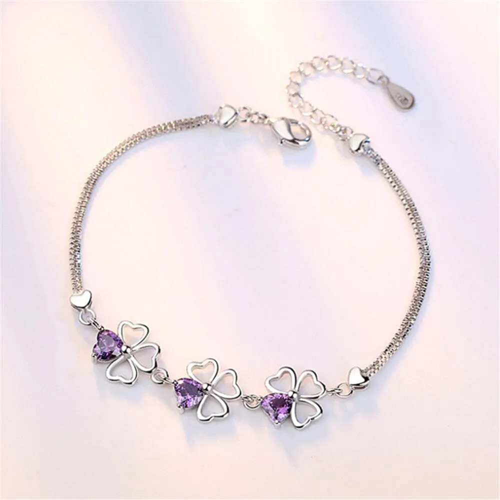 Simple Lucky Leaves Amethyst Bracelet - 925 Sterling Silver