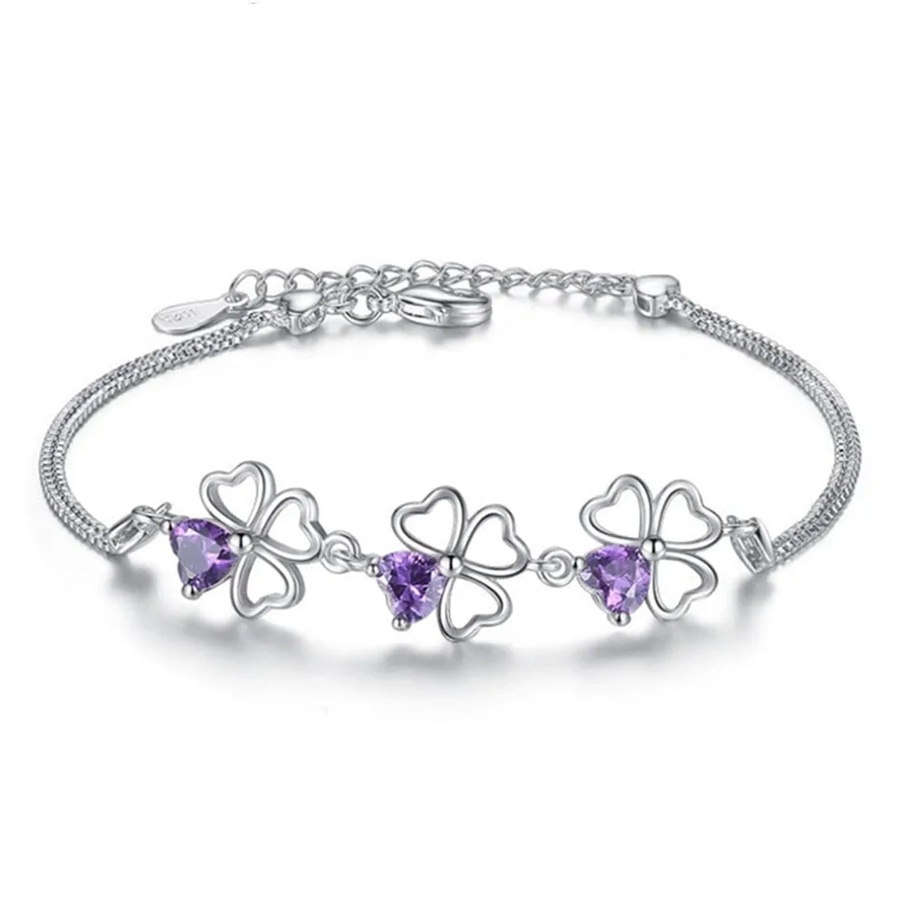 Simple Lucky Leaves Amethyst Bracelet - 925 Sterling Silver