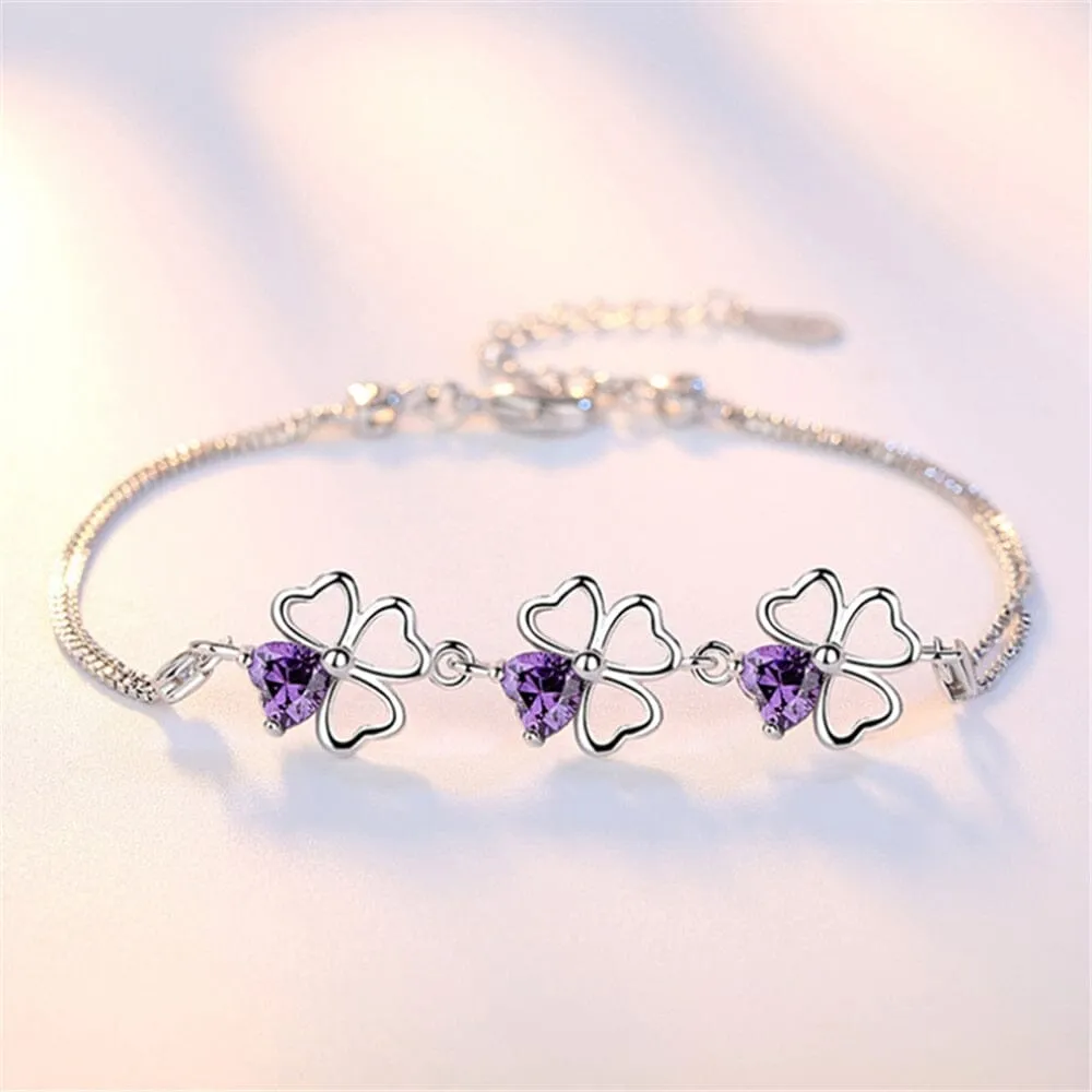 Simple Lucky Leaves Amethyst Bracelet - 925 Sterling Silver