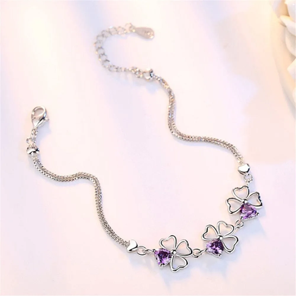 Simple Lucky Leaves Amethyst Bracelet - 925 Sterling Silver