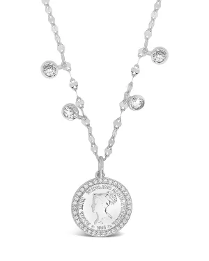 Sterling Silver Coin Medallion & Bezel CZ Charm Necklace