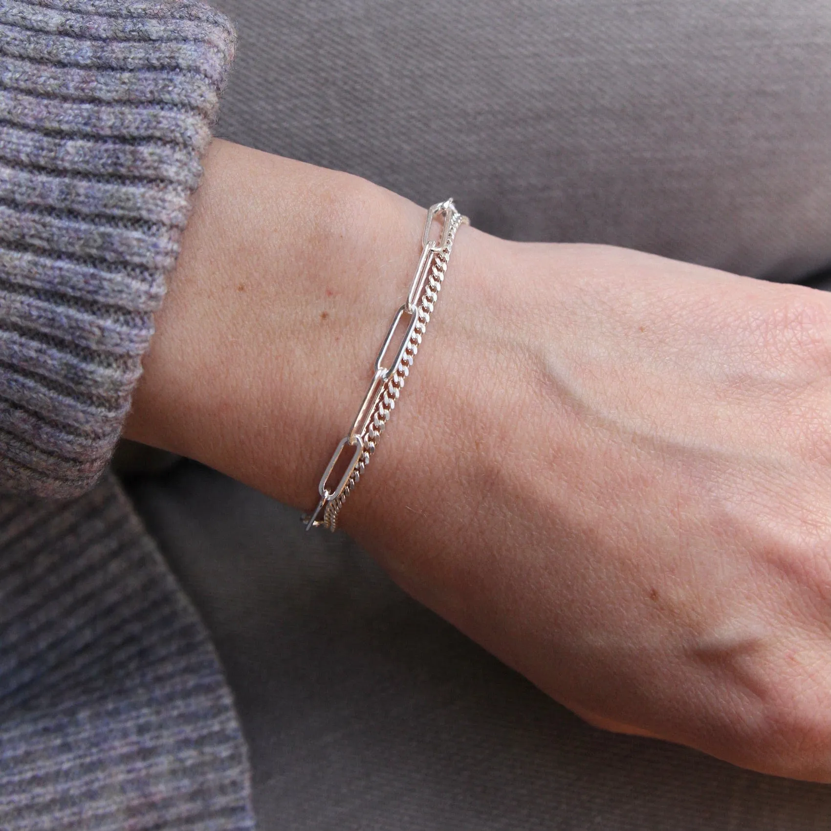 Sterling Silver Double Strand Curb & Paperclip Chain Bracelet