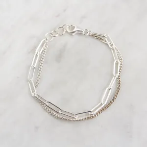 Sterling Silver Double Strand Curb & Paperclip Chain Bracelet