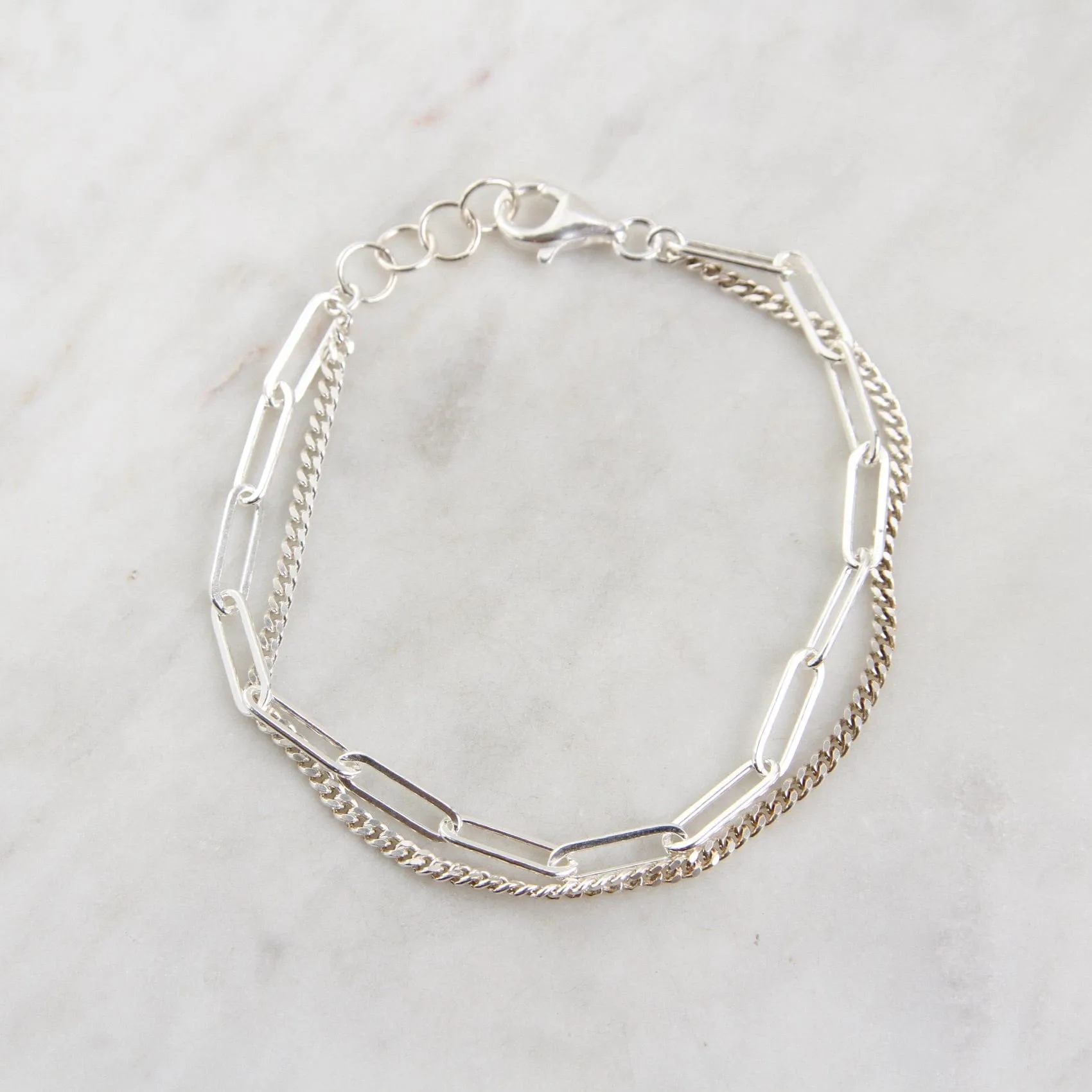 Sterling Silver Double Strand Curb & Paperclip Chain Bracelet