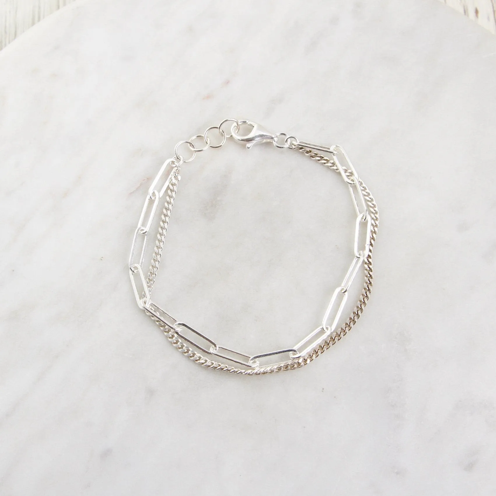 Sterling Silver Double Strand Curb & Paperclip Chain Bracelet