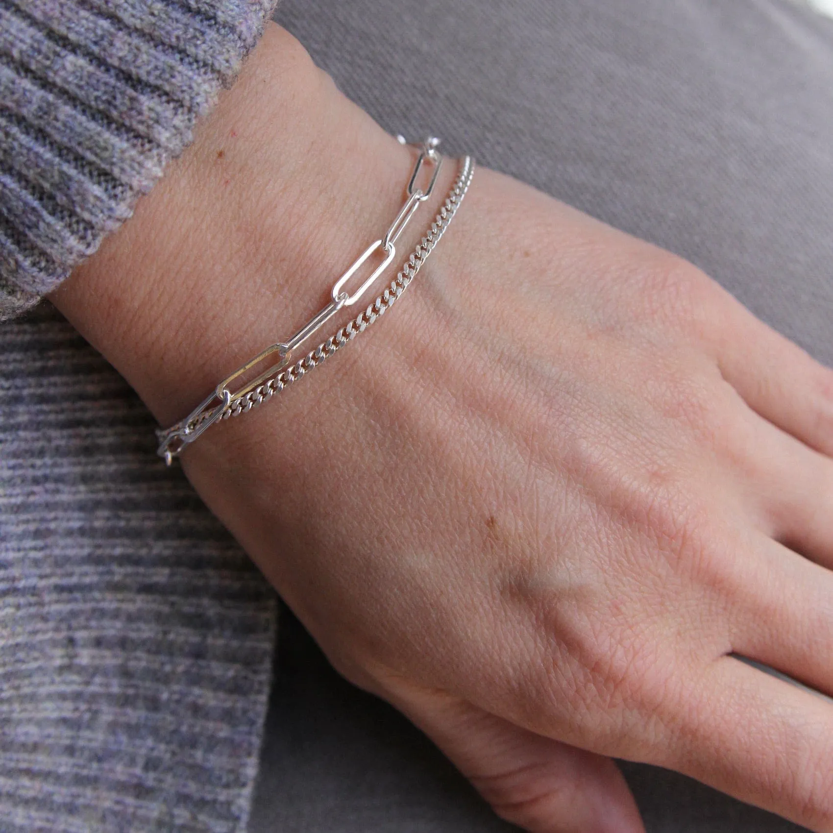 Sterling Silver Double Strand Curb & Paperclip Chain Bracelet