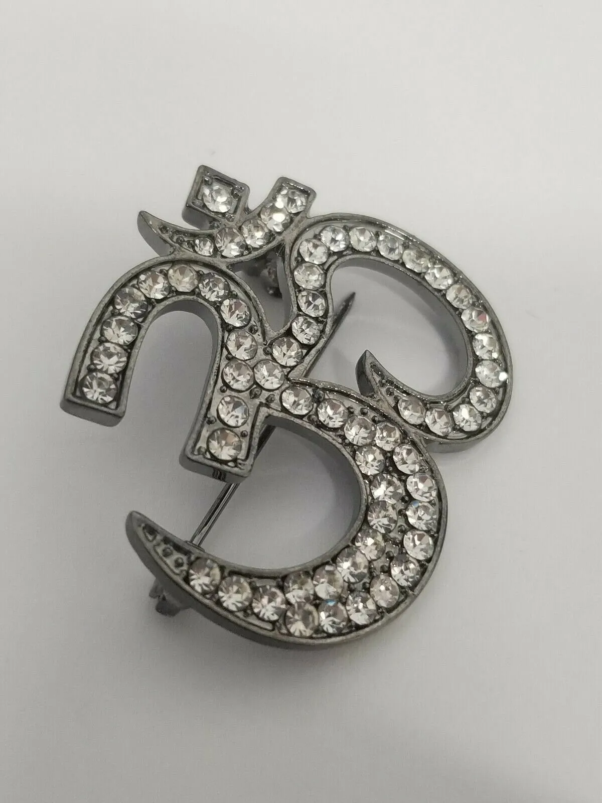 Stunning diamonte antique silver plated om hindu religious brooch broach pin