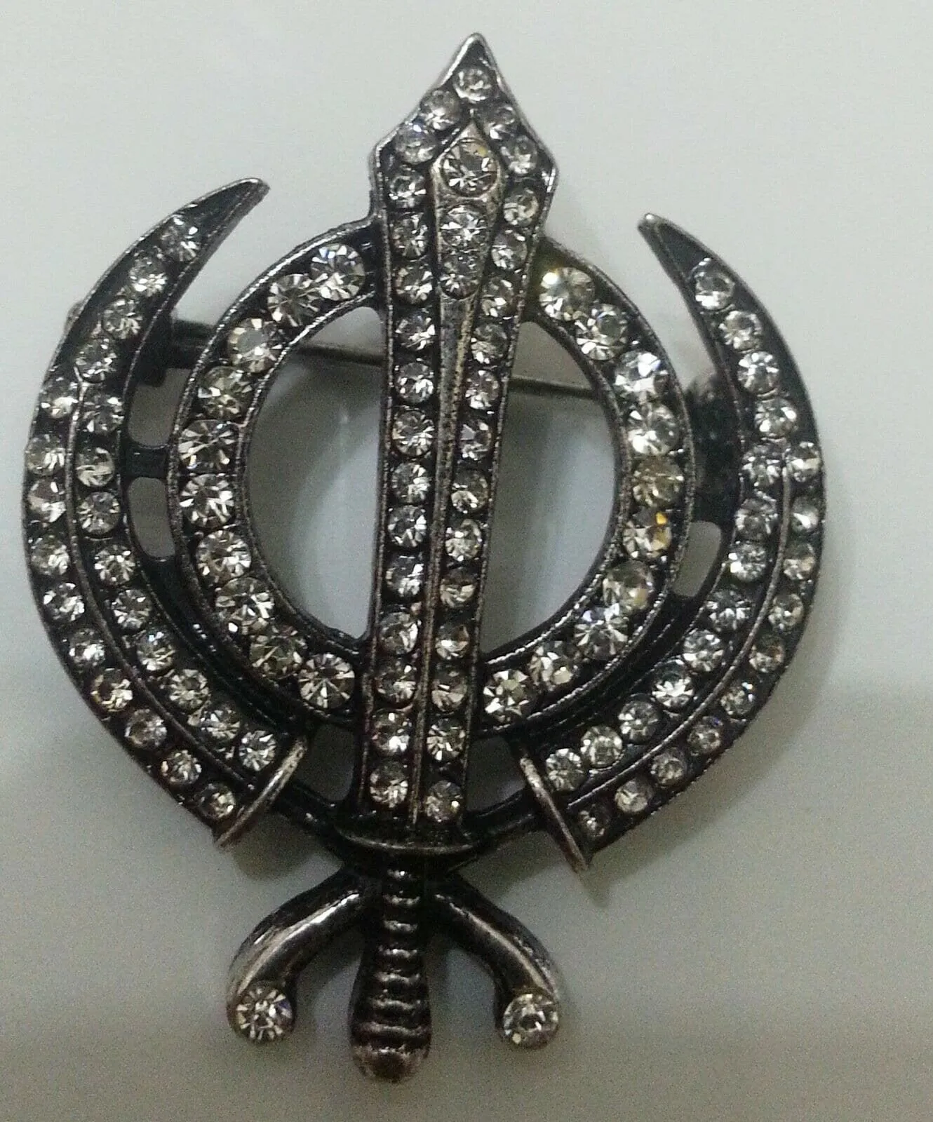 Stunning diamonte silver plated sikh khanda brooch cake pin x-mas singh gift