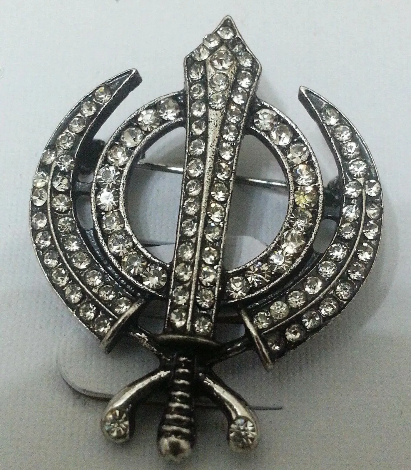 Stunning diamonte silver plated sikh khanda brooch cake pin x-mas singh gift