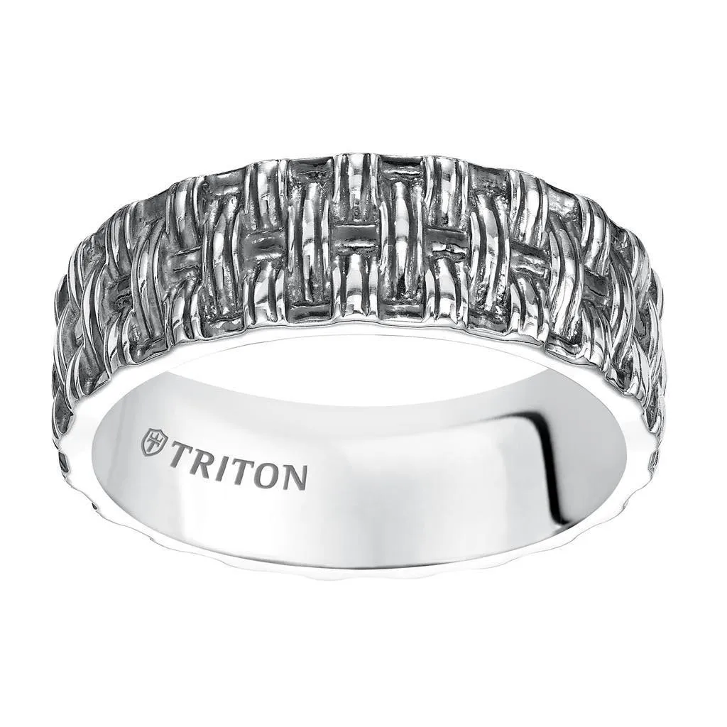 TAYLOR Flat Sterling Silver Comfort Fit Wedding Band with Woven Pattern and Black Oxidation Finish by Triton Rings - 8mm