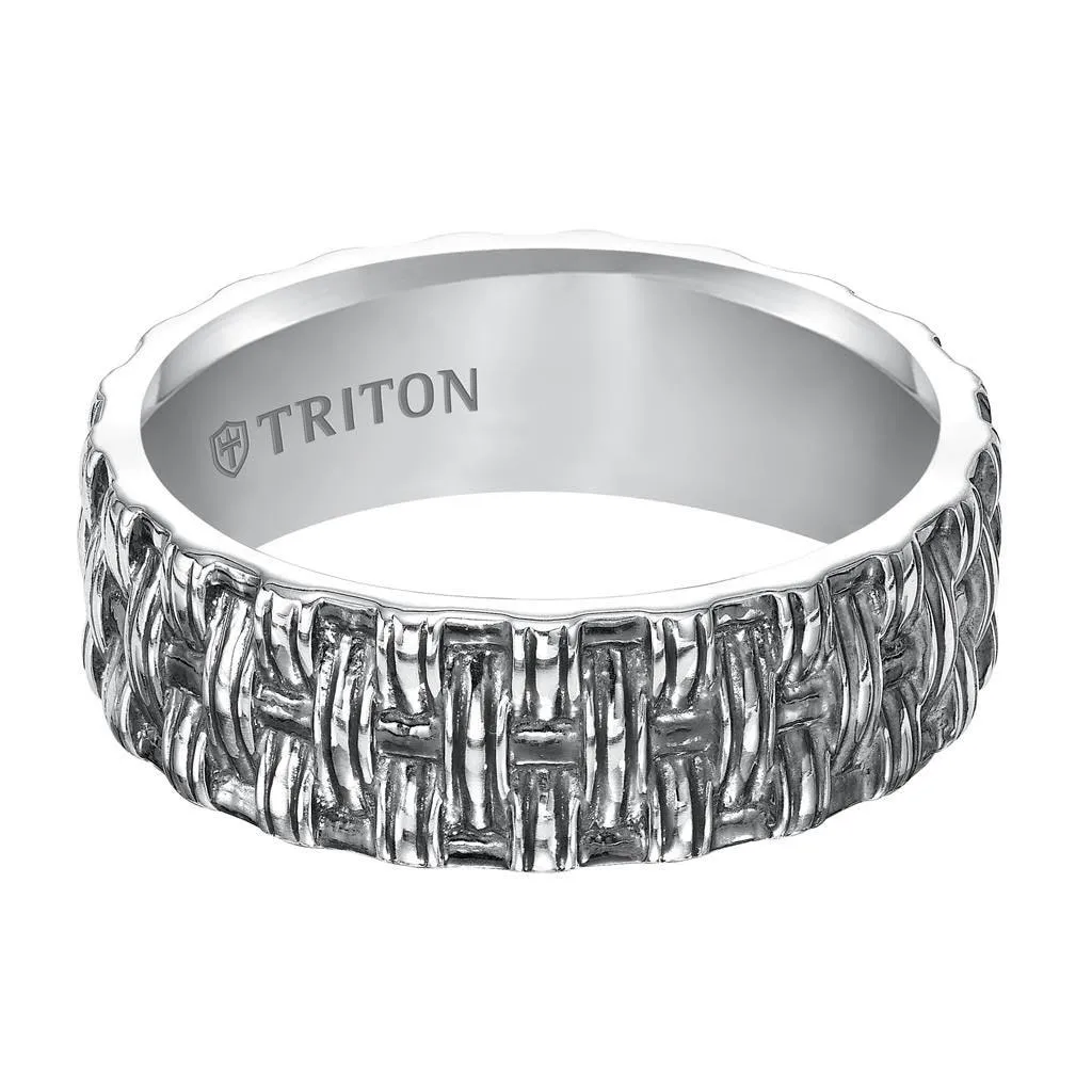 TAYLOR Flat Sterling Silver Comfort Fit Wedding Band with Woven Pattern and Black Oxidation Finish by Triton Rings - 8mm