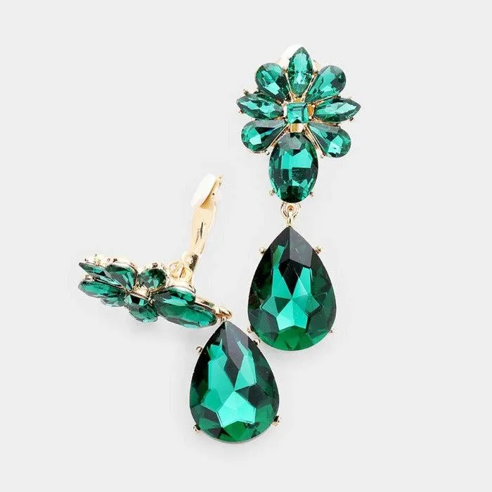 Teardrop Green Crystal Oval Floral Clip On Earrings