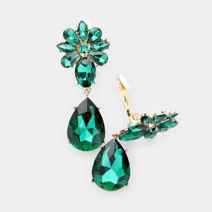 Teardrop Green Crystal Oval Floral Clip On Earrings