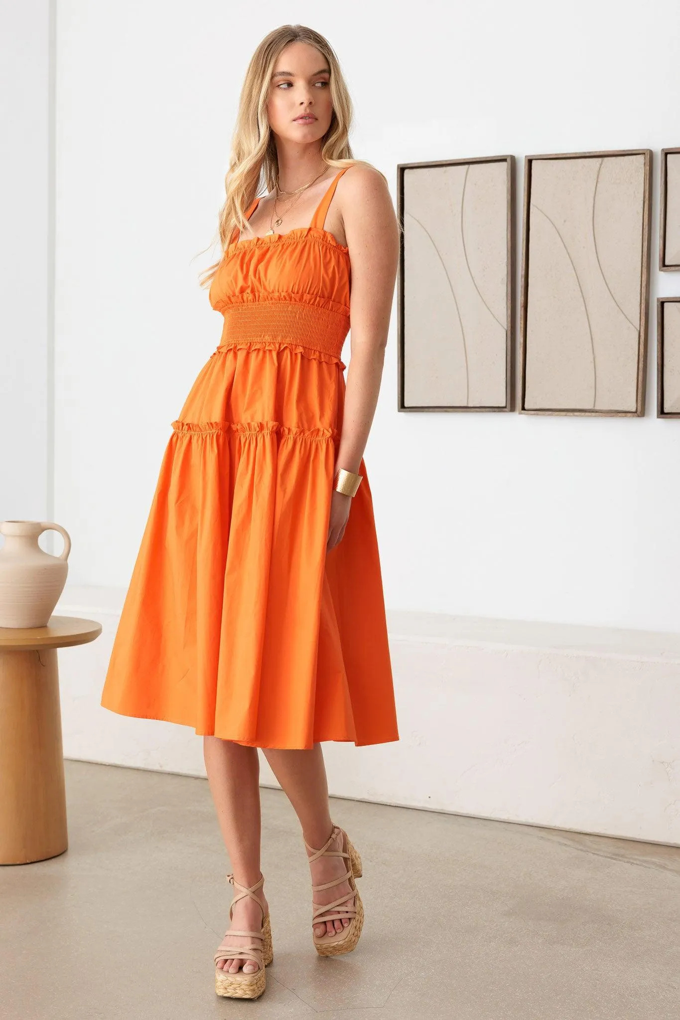 Tiered Ruffle Smocked Midi Dress