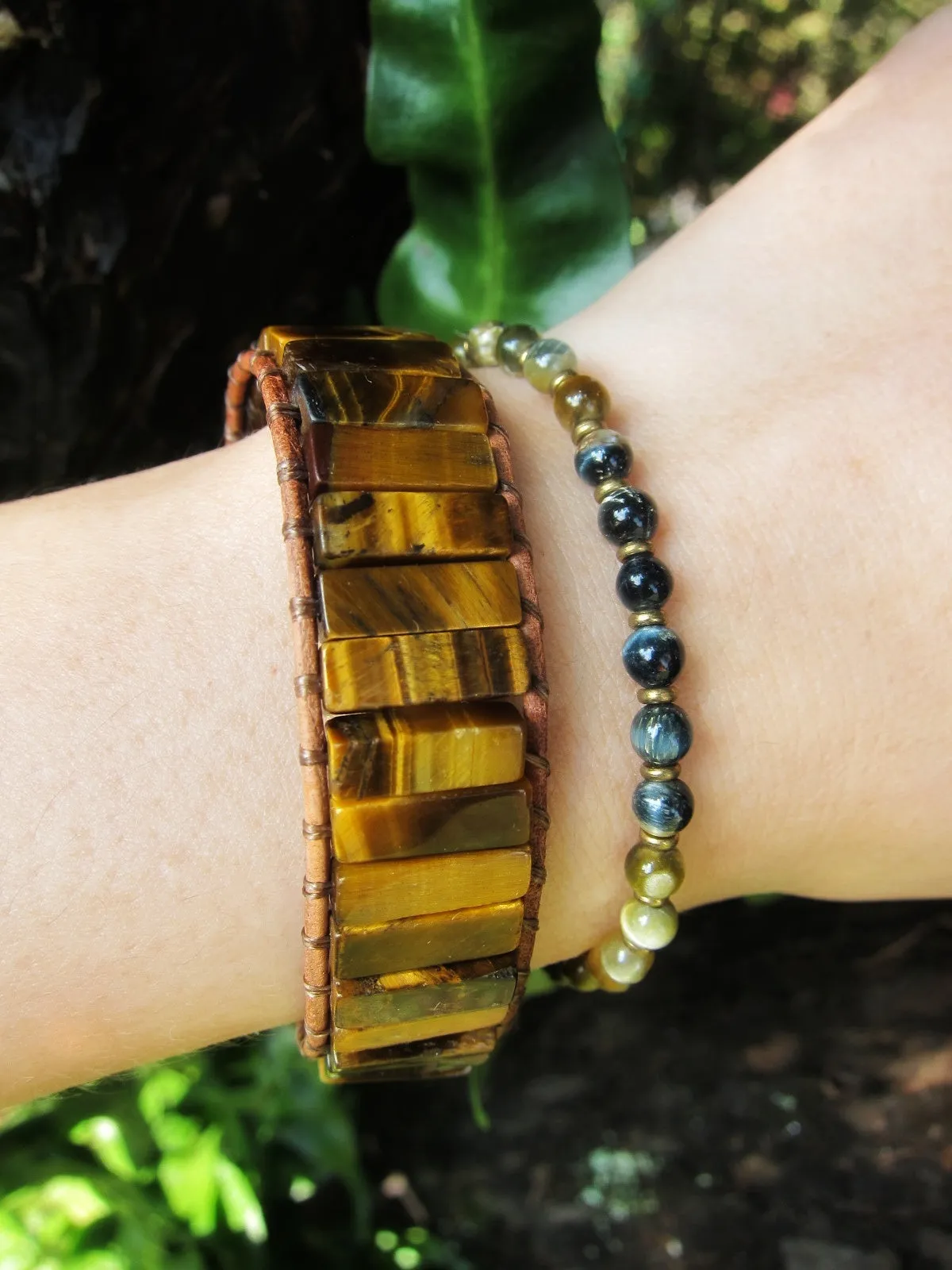 Tiger Eye Tubestone Leather Wrap Bracelet (Unisex)