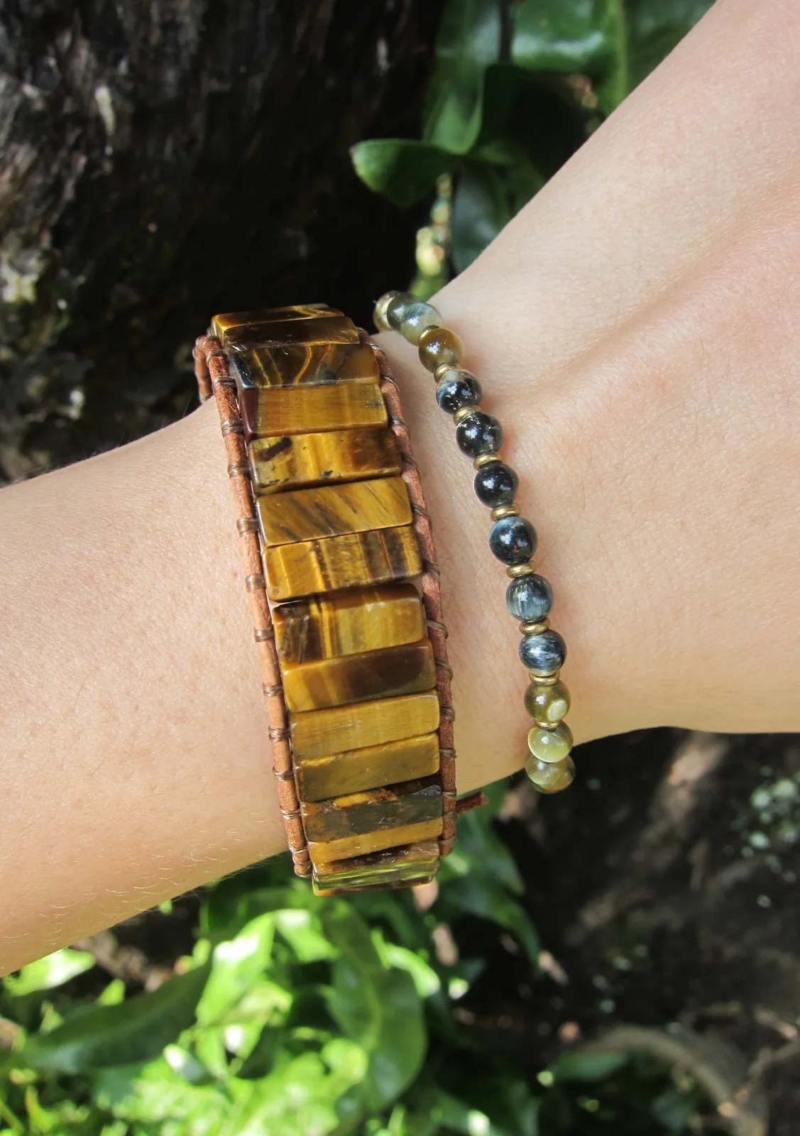 Tiger Eye Tubestone Leather Wrap Bracelet (Unisex)