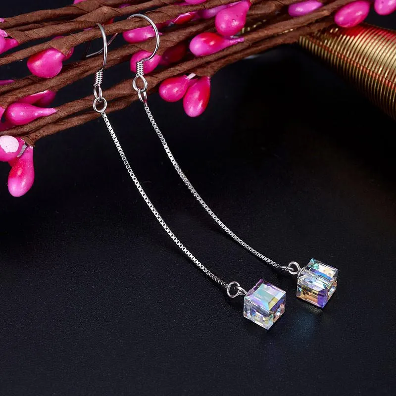 Top Quality Dangle Drop Line 925 Sterling Silver Earrings AB Austrian Crystal Party Birthday Gift