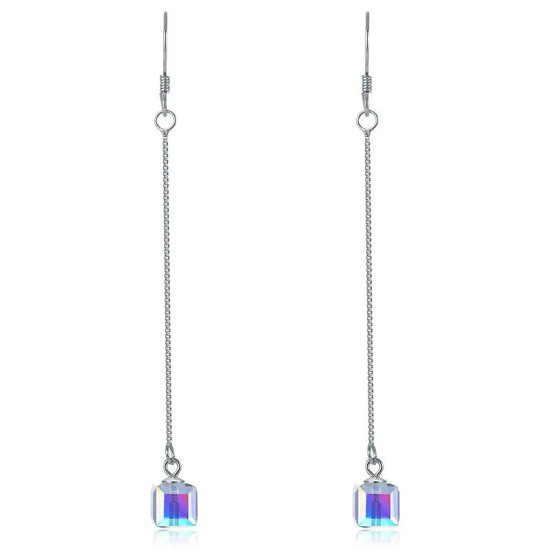 Top Quality Dangle Drop Line 925 Sterling Silver Earrings AB Austrian Crystal Party Birthday Gift