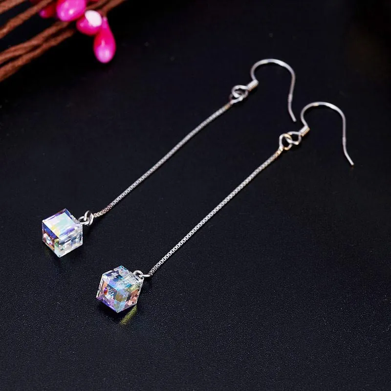 Top Quality Dangle Drop Line 925 Sterling Silver Earrings AB Austrian Crystal Party Birthday Gift