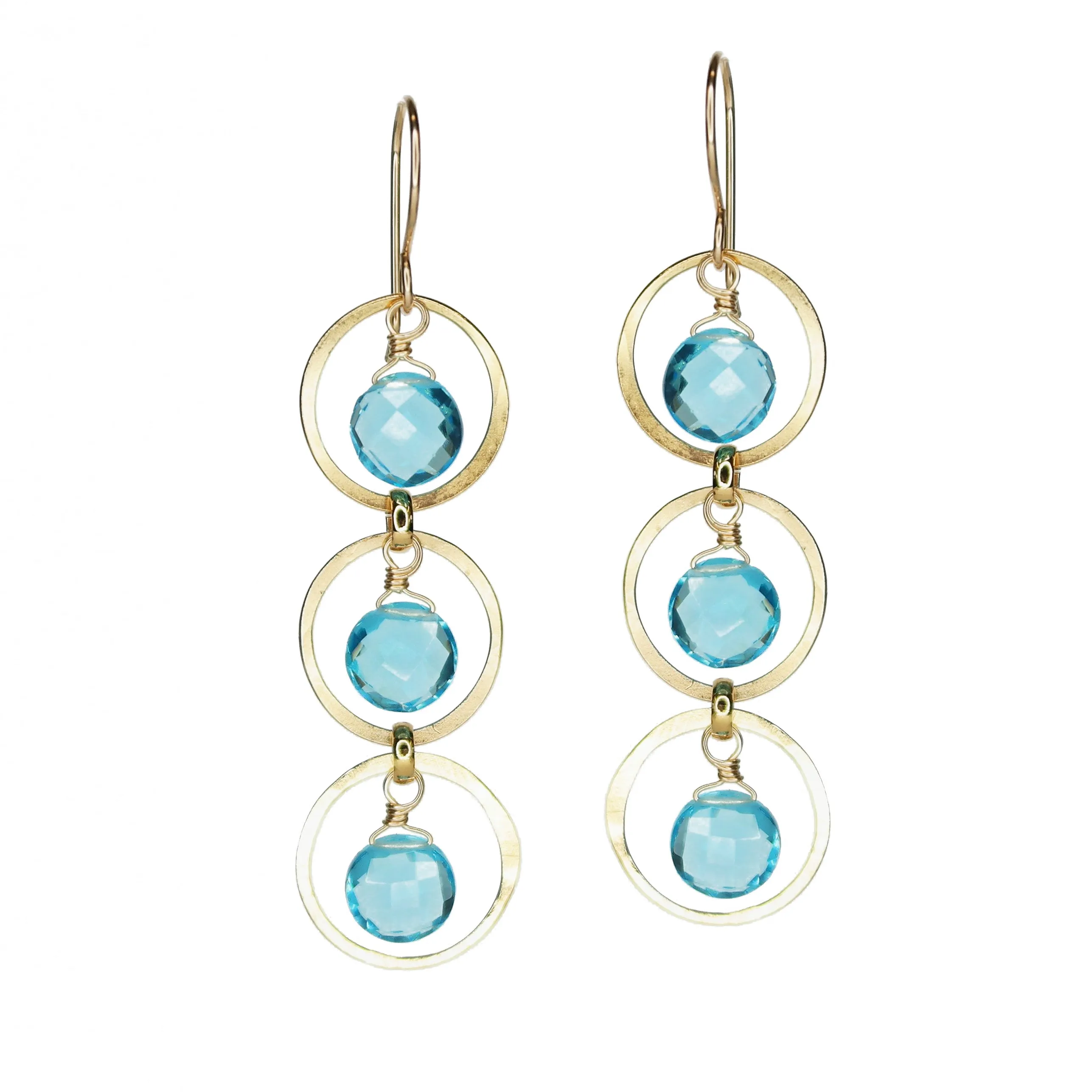 Triple Gems in Gold Forged Circles - Blue Topaz