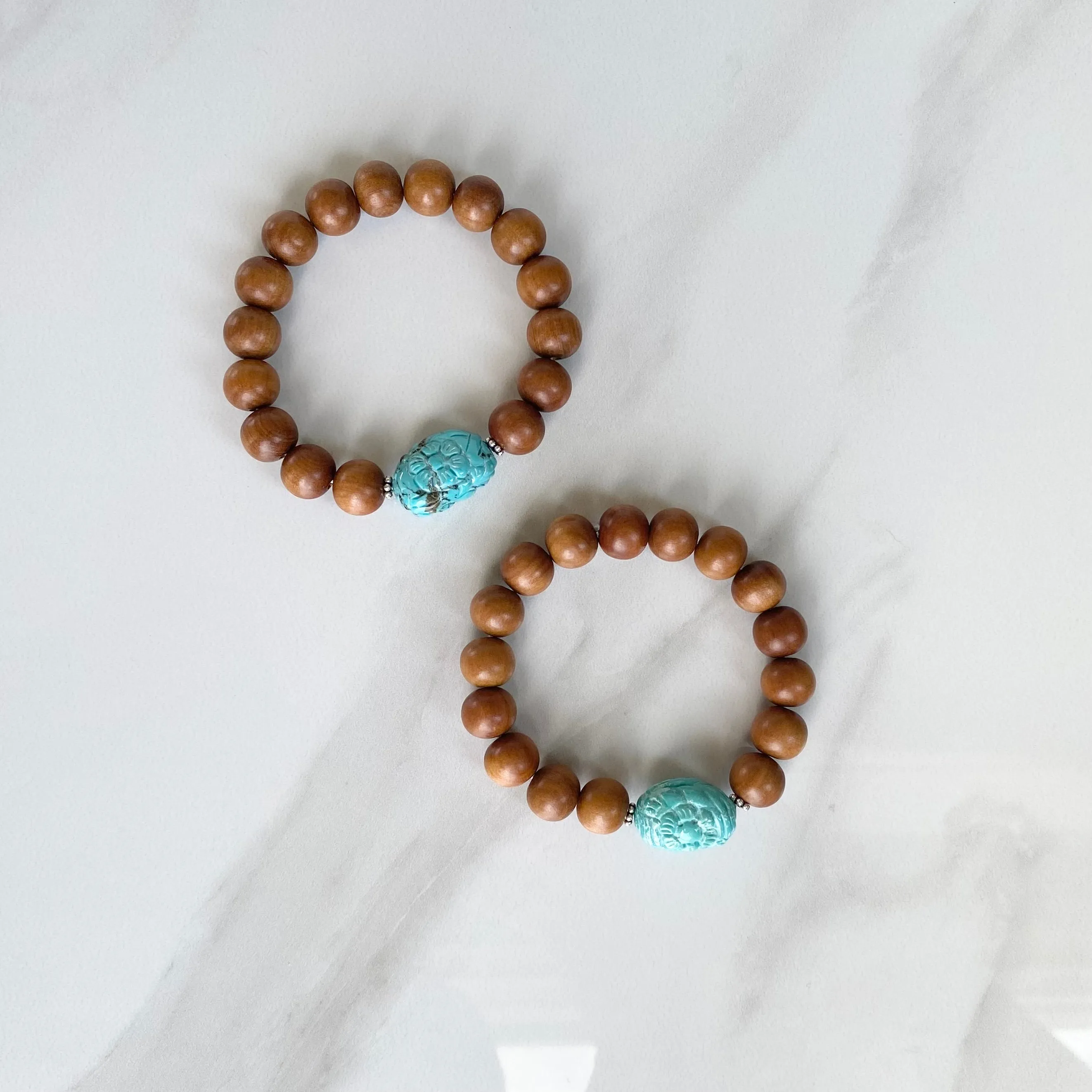 Turquoise Hand Carved Nugget and Sandalwood Bracelet