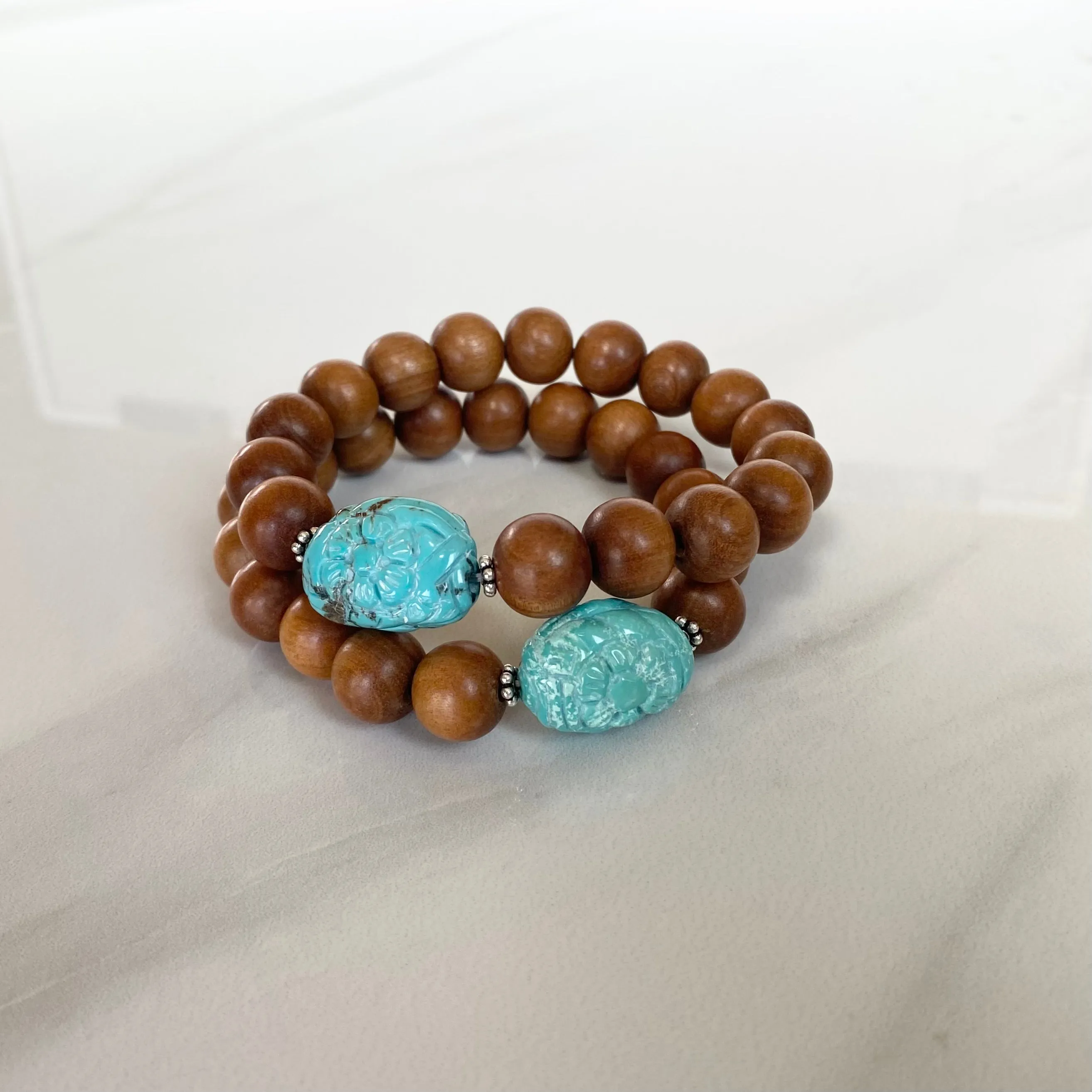 Turquoise Hand Carved Nugget and Sandalwood Bracelet