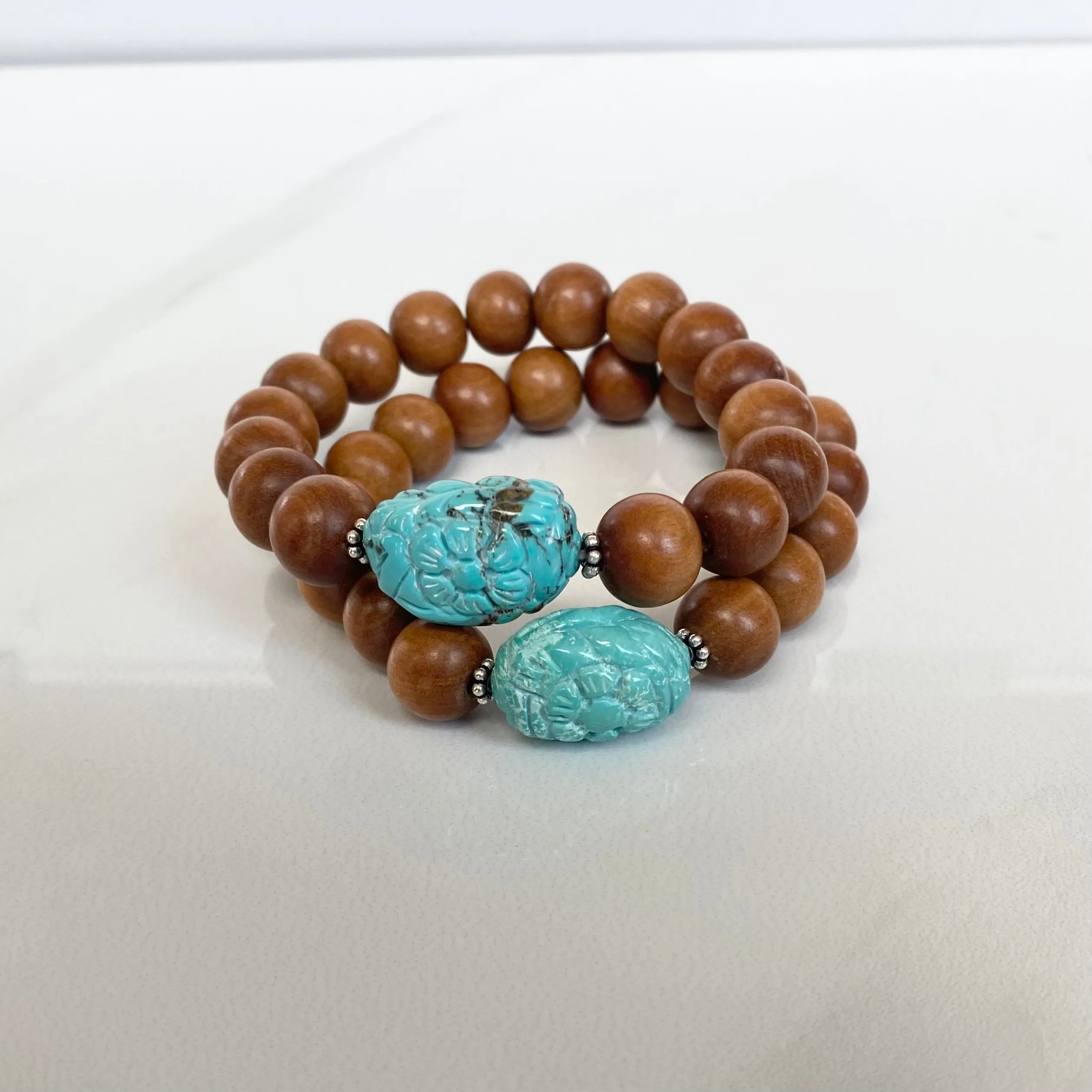 Turquoise Hand Carved Nugget and Sandalwood Bracelet