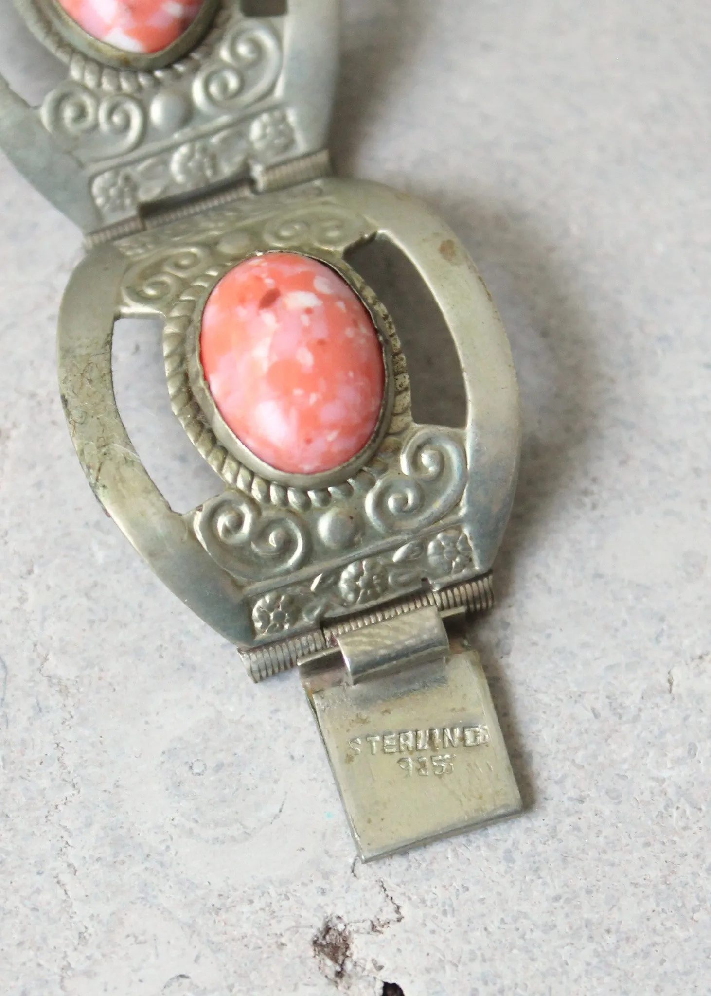 Vintage 1950s Mexican Sterling Silver and Pink Glass Bracelet