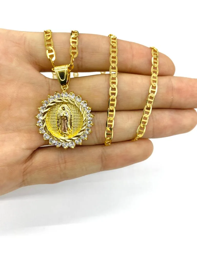 Virgen de Guadalupe Necklace Pendant in 14K Gold Filled for Womens Mens CZ 24" 30x28mm