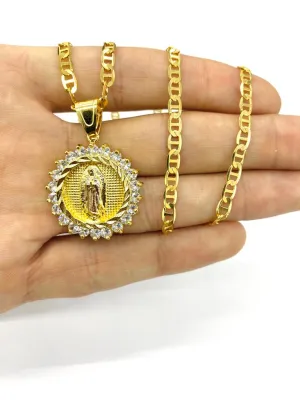 Virgen de Guadalupe Necklace Pendant in 14K Gold Filled for Womens Mens CZ 24" 30x28mm