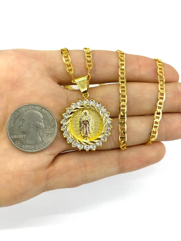 Virgen de Guadalupe Necklace Pendant in 14K Gold Filled for Womens Mens CZ 24" 30x28mm