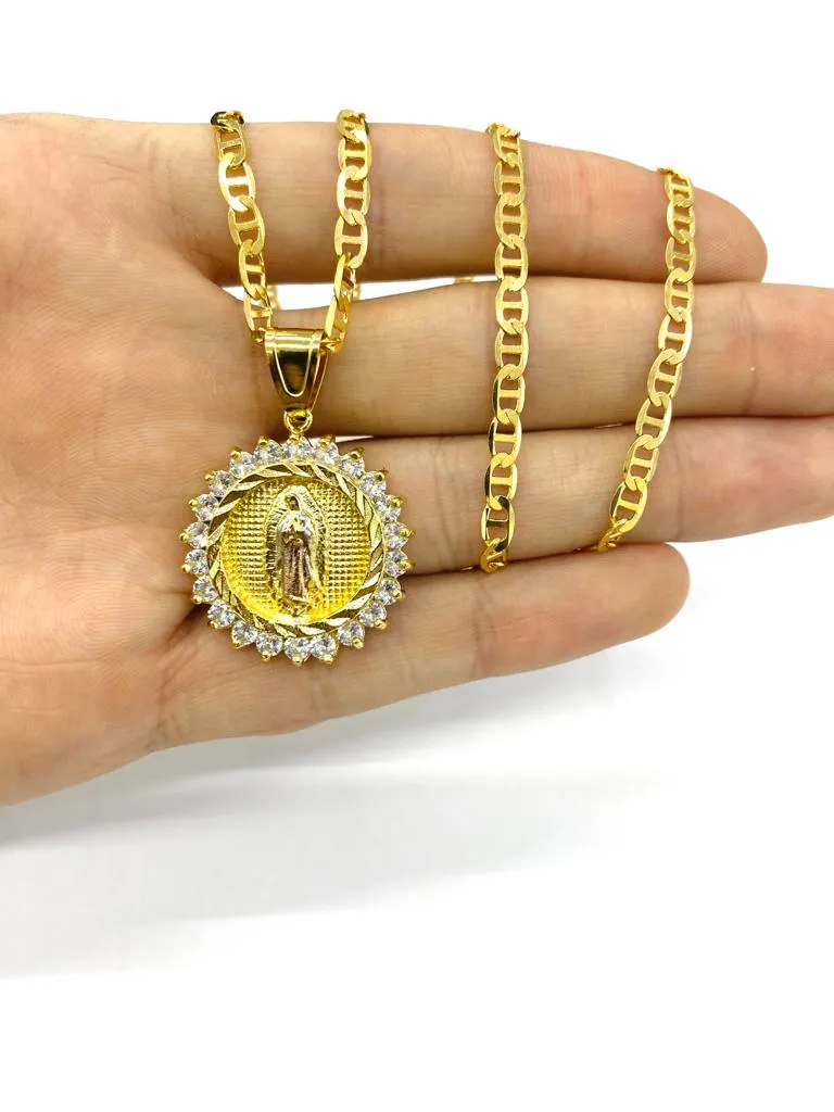 Virgen de Guadalupe Necklace Pendant in 14K Gold Filled for Womens Mens CZ 24" 30x28mm