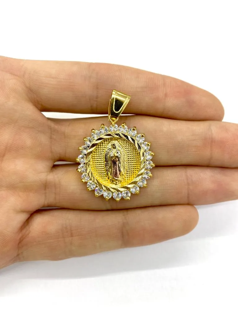 Virgen de Guadalupe Necklace Pendant in 14K Gold Filled for Womens Mens CZ 24" 30x28mm