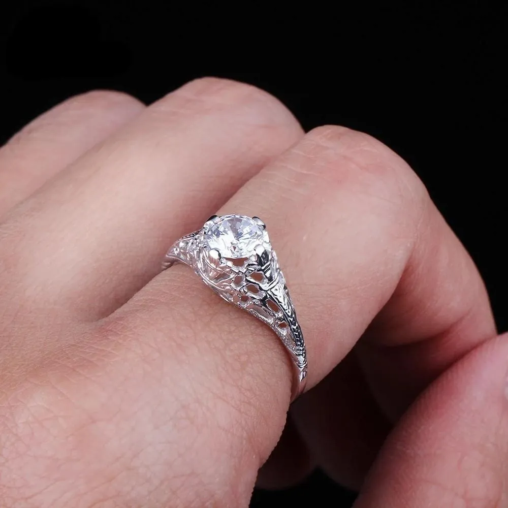 White Gold Plated Silver Vintage Moissanite Ring 0.65ct