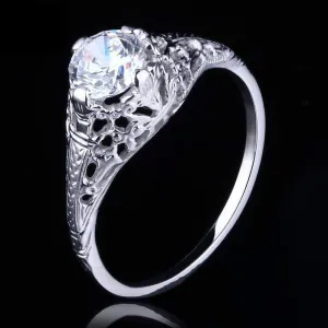 White Gold Plated Silver Vintage Moissanite Ring 0.65ct