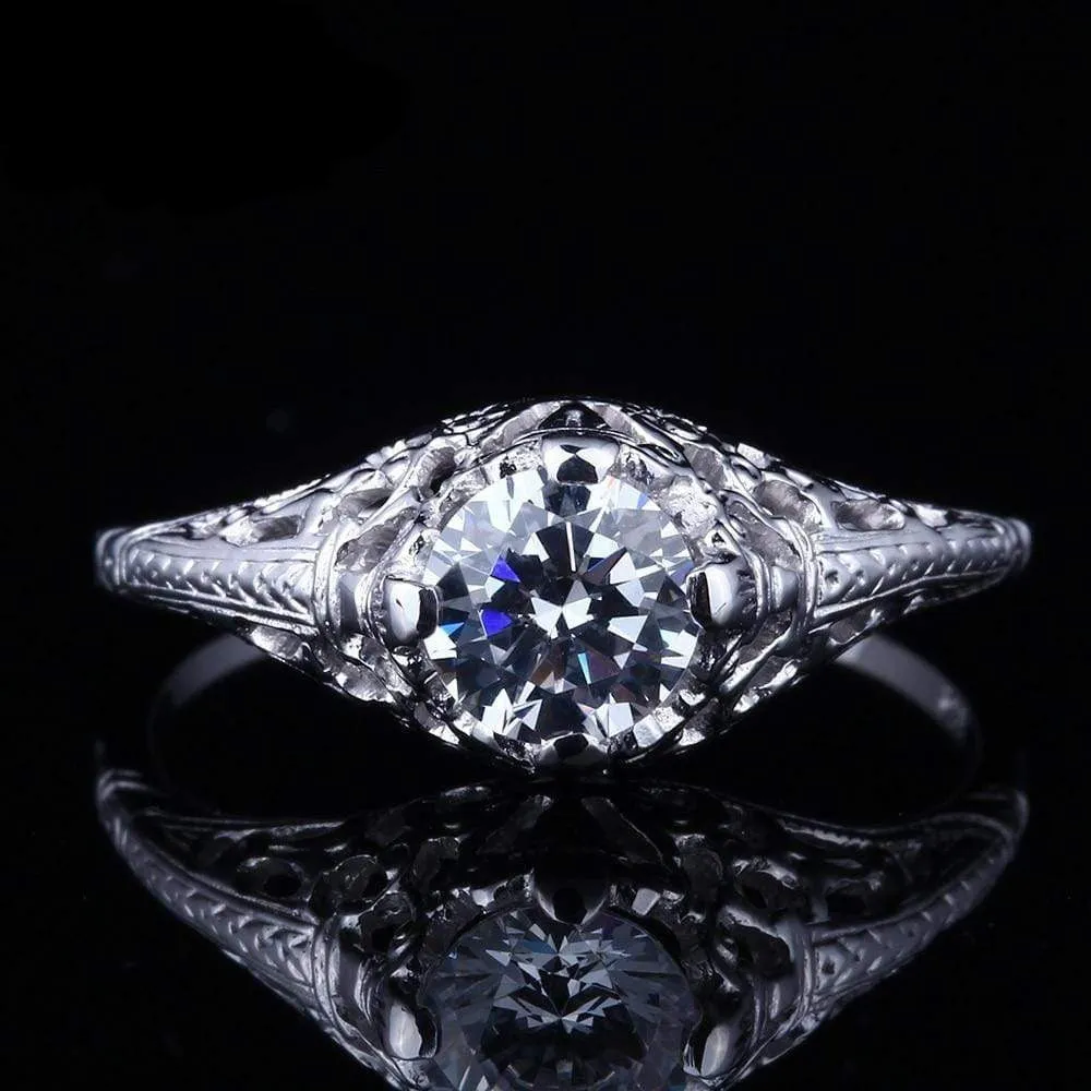 White Gold Plated Silver Vintage Moissanite Ring 0.65ct