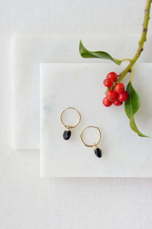 Xander Kostroma Gold Tone Black Obsidian Chunky Hoop Drop Earrings – 3 cm Hoop, Natural Quartz & Obsidian Gemstones, Bold Statement Earrings for Fashion Lovers, Boho Jewelry Gift