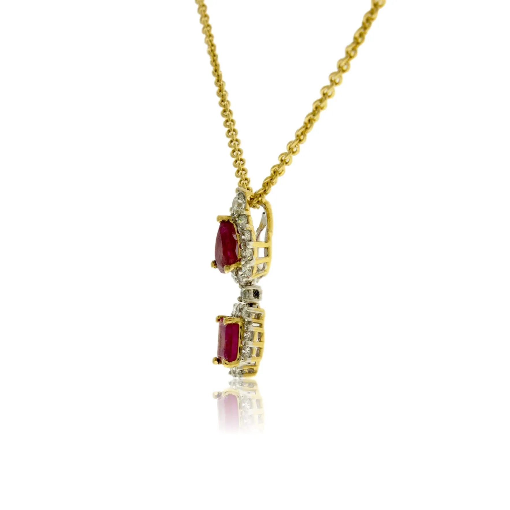 Yellow Gold Red Emerald & Diamond Halo Drop Pendant