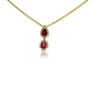 Yellow Gold Red Emerald & Diamond Halo Drop Pendant